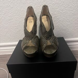 Alexandre Birman Green Snakeskin Peep-Toe Heels